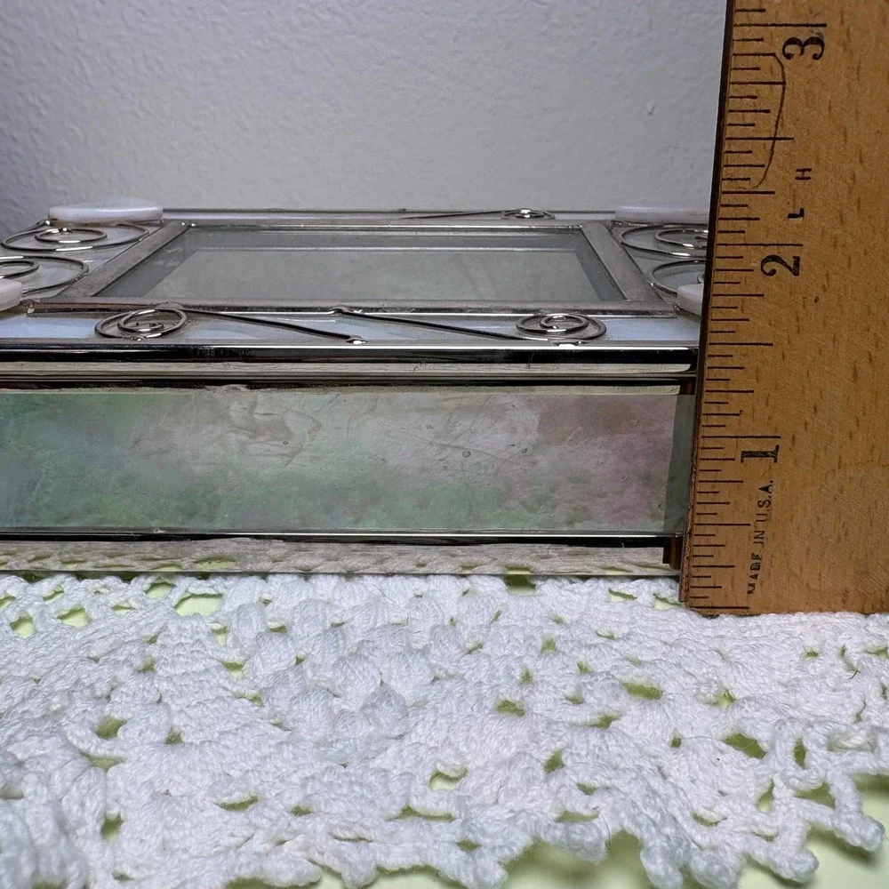 Vintage White Rectangular Jewelry Box Iridescent Hearts Stained Glass